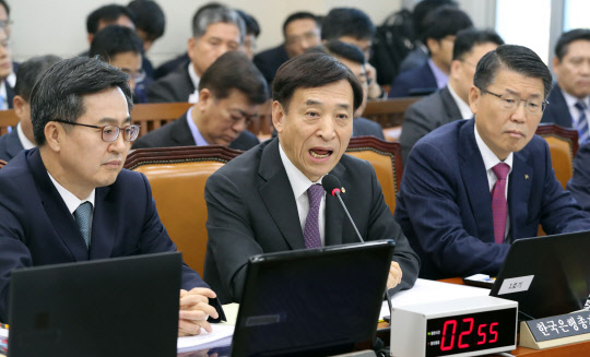 이주열 한국은행 총재가 29일 국회에서 열린 기획재정위원회 종합감사에서 위원의 질의에 답하고 있다.